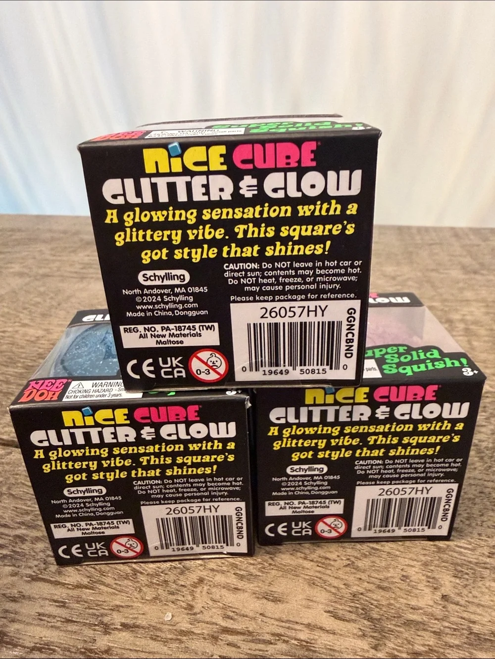 Needoh Nice Cube Glitter & Glow - Purple Glitter Squish Toy Schylling Bulk Set 3